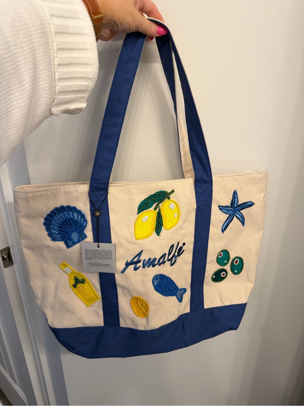 Amalfi Embroidered Lemon Canvas Tote - Blue & Cream